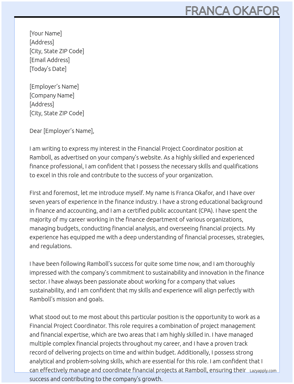 financial project coordinator At Ramboll Cover Letter