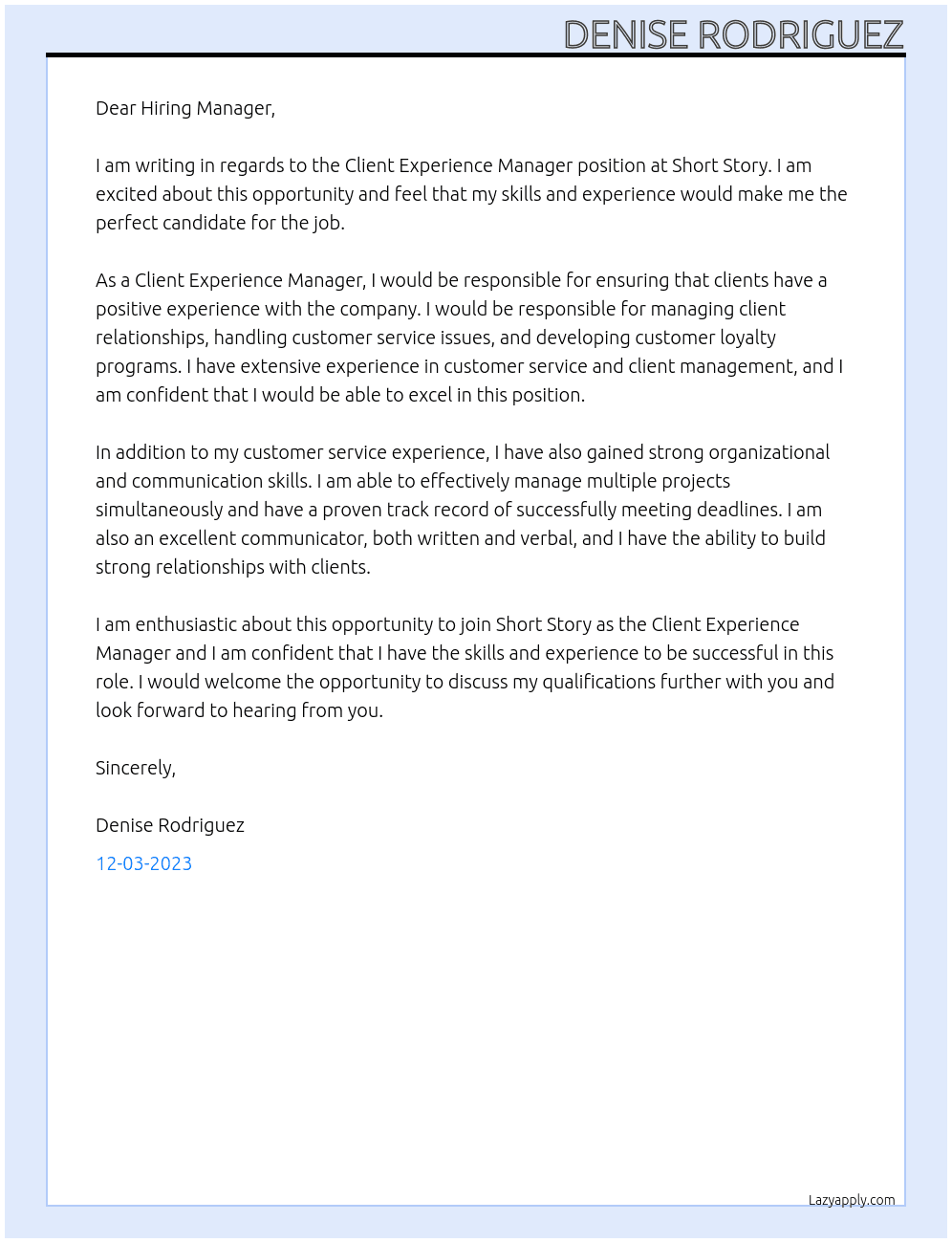 Client Experience Manager At Short Story Cover Letter