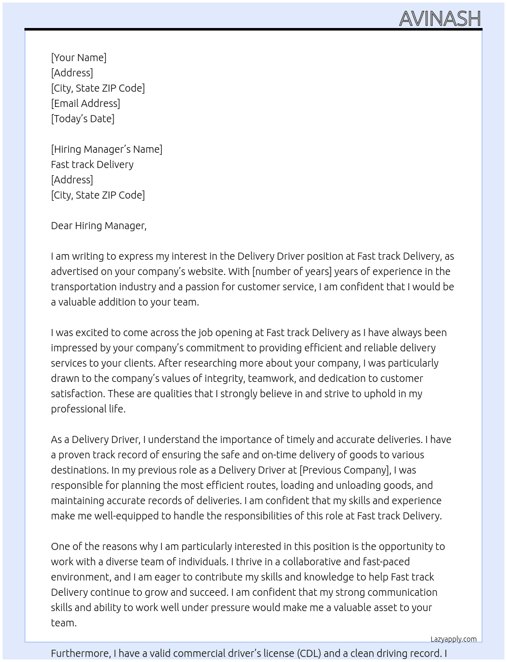 Delivery Driver Job At Fast track Delivery  Cover Letter