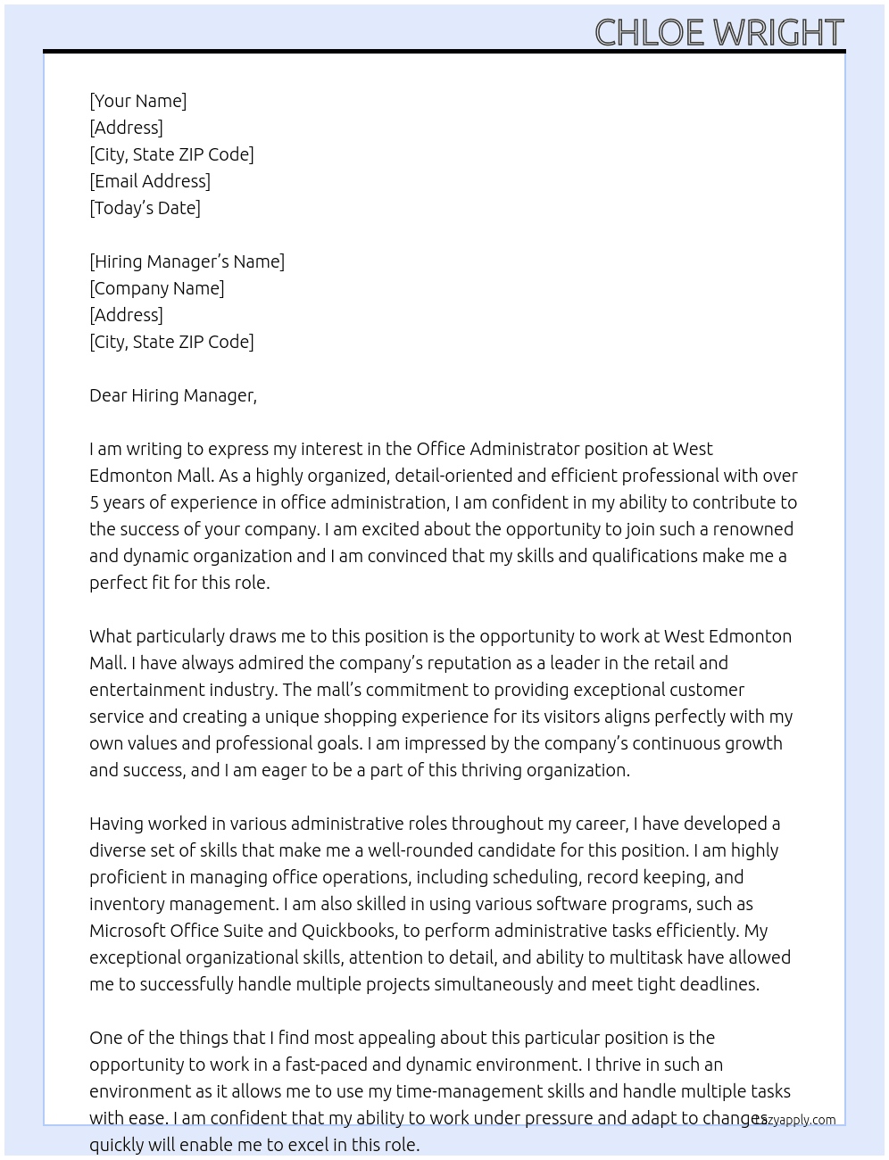 Office Administrator At West Edmonton Mall Cover Letter