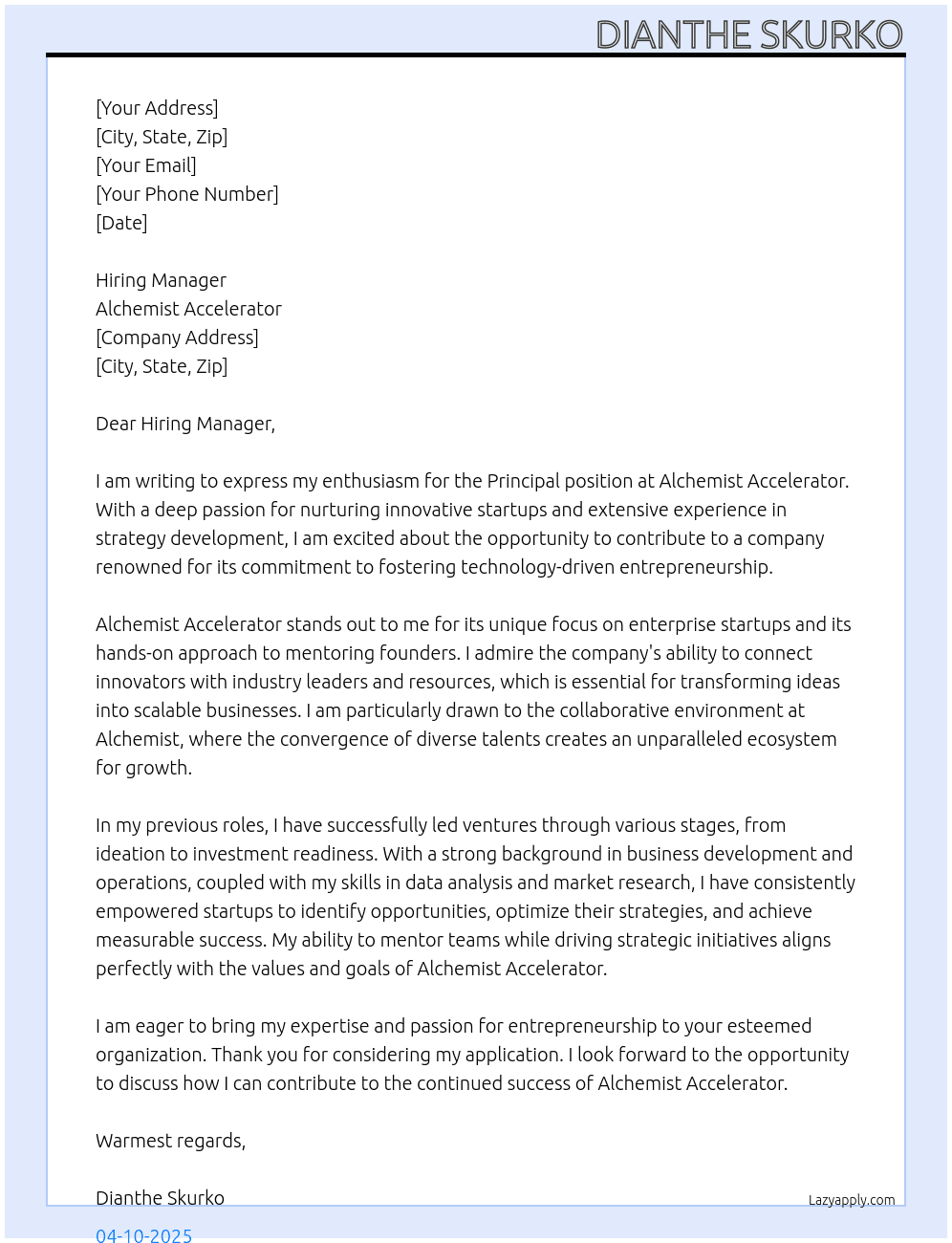 Principal At Alchemist Accelerator Cover Letter