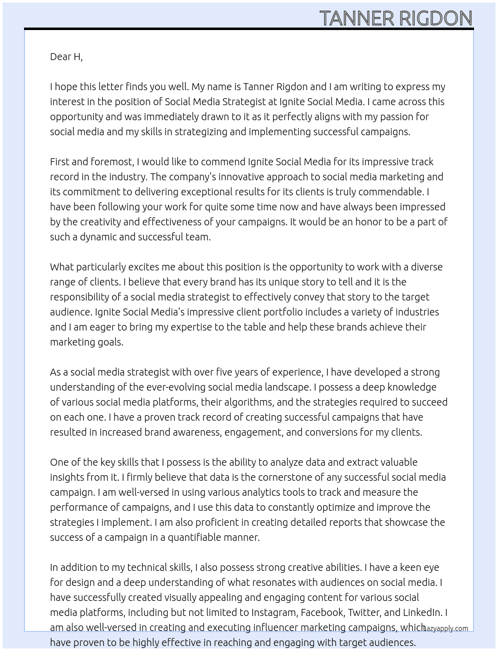 social media strategist At Ignite Social Media Cover Letter