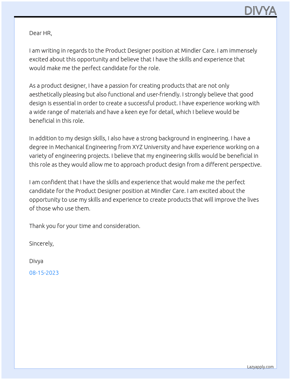Product Designer At Mindler Care Cover Letter