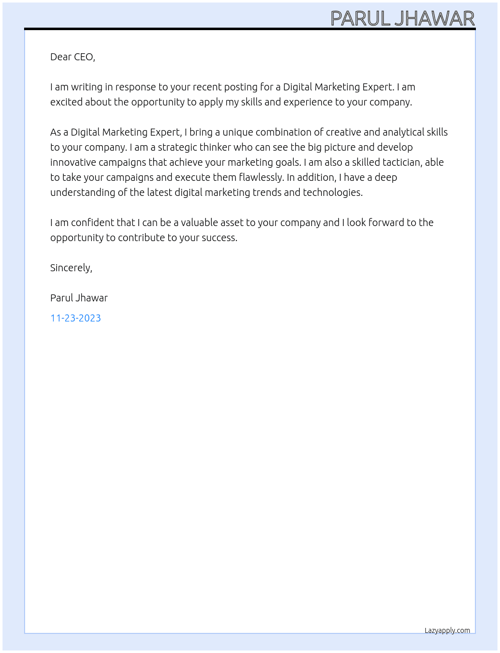 Digital Marketing Expert At Freelance  Cover Letter