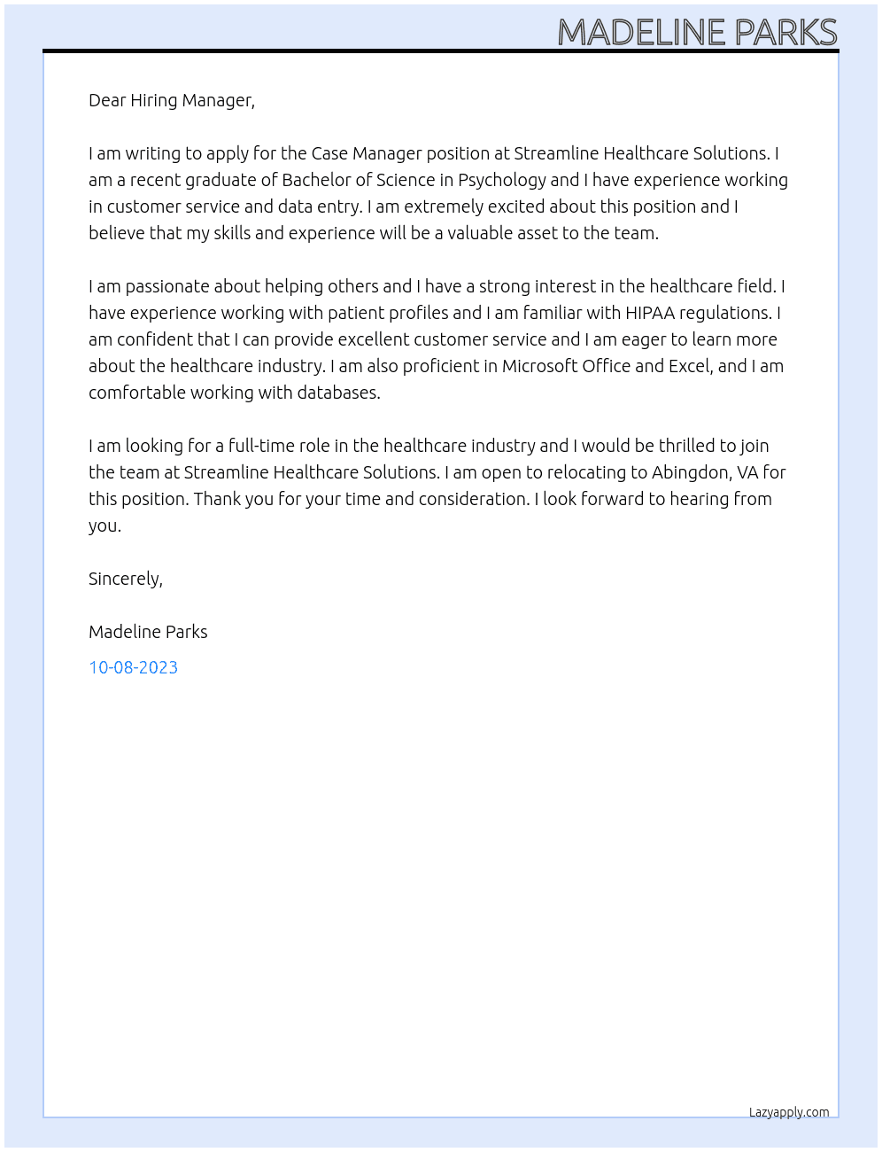 Case Manager At Streamline Healthcare Solutions Cover Letter