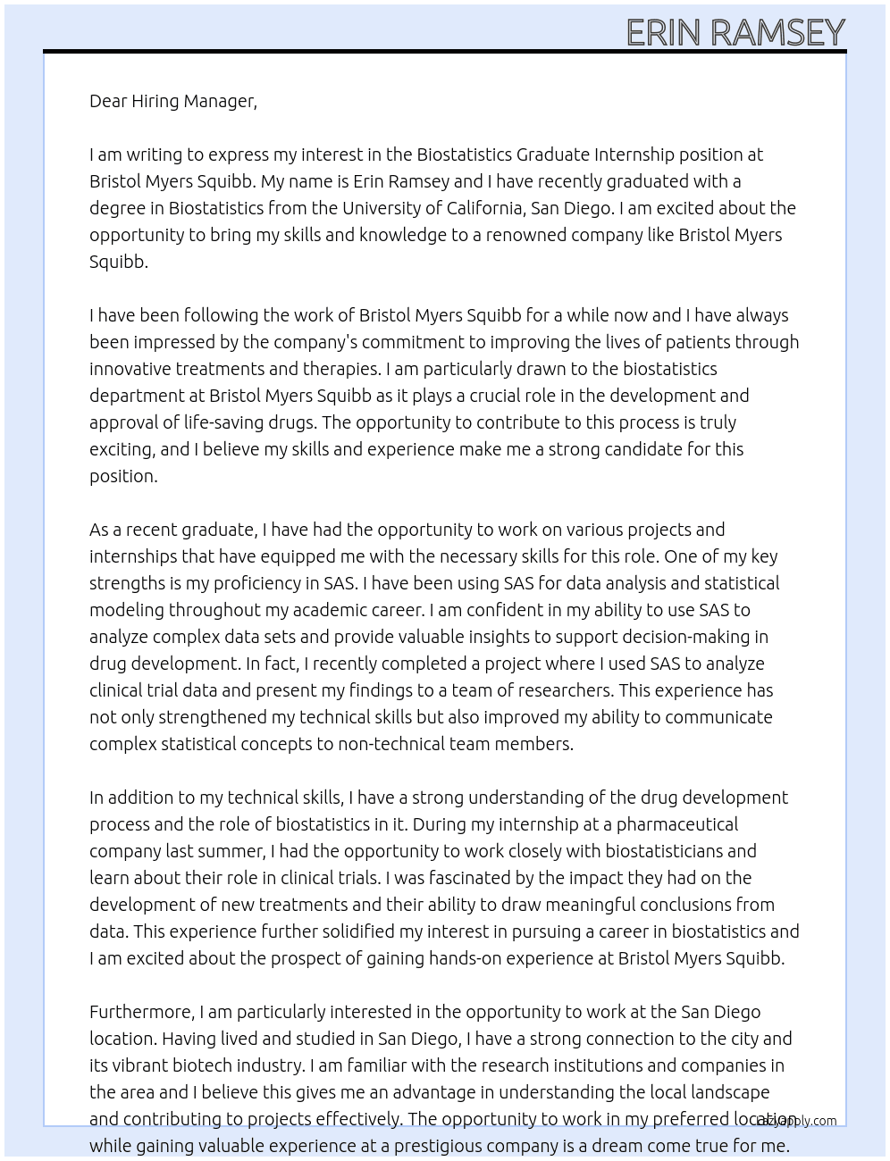 Biostatistics Graduate Internship At Bristol Myers Squibb Cover Letter