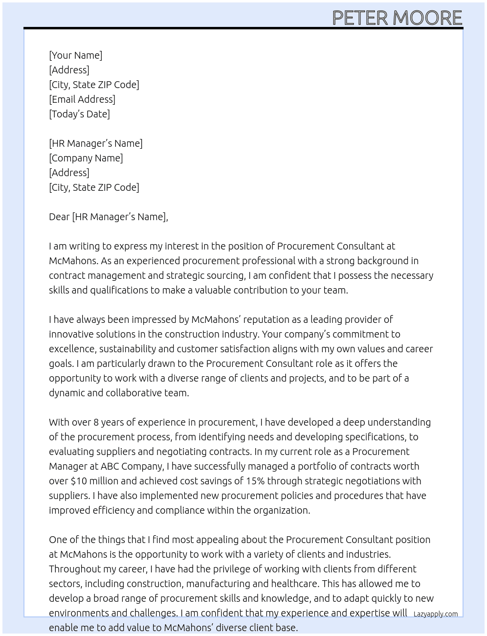 Procurement Consultant At McMahons Cover Letter