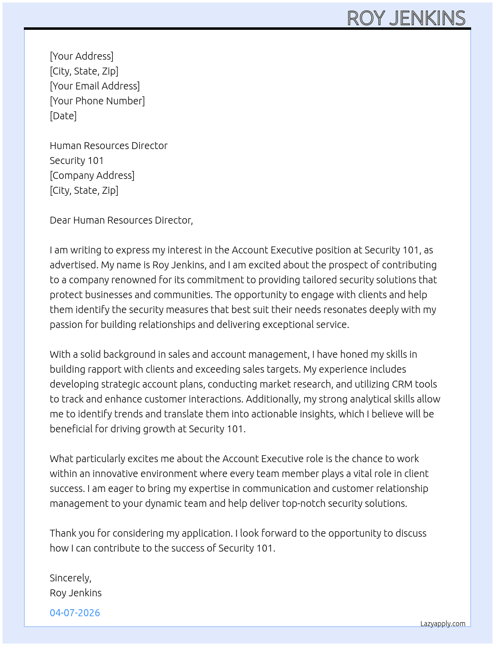 Account Executive  At Security 101 Cover Letter