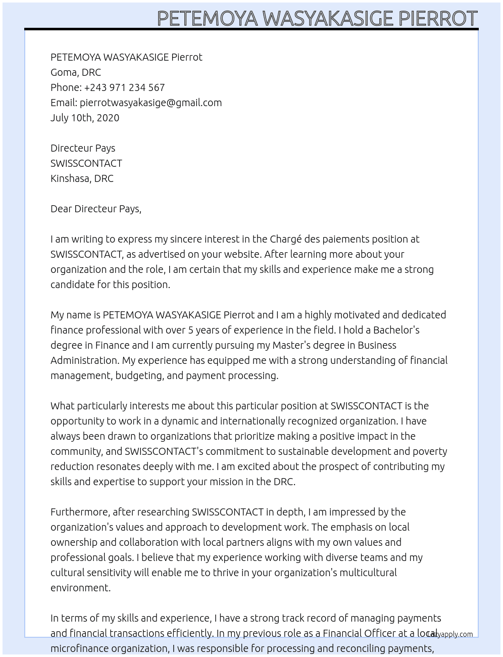Chargé des paiements At SWISSCONTACT  Cover Letter