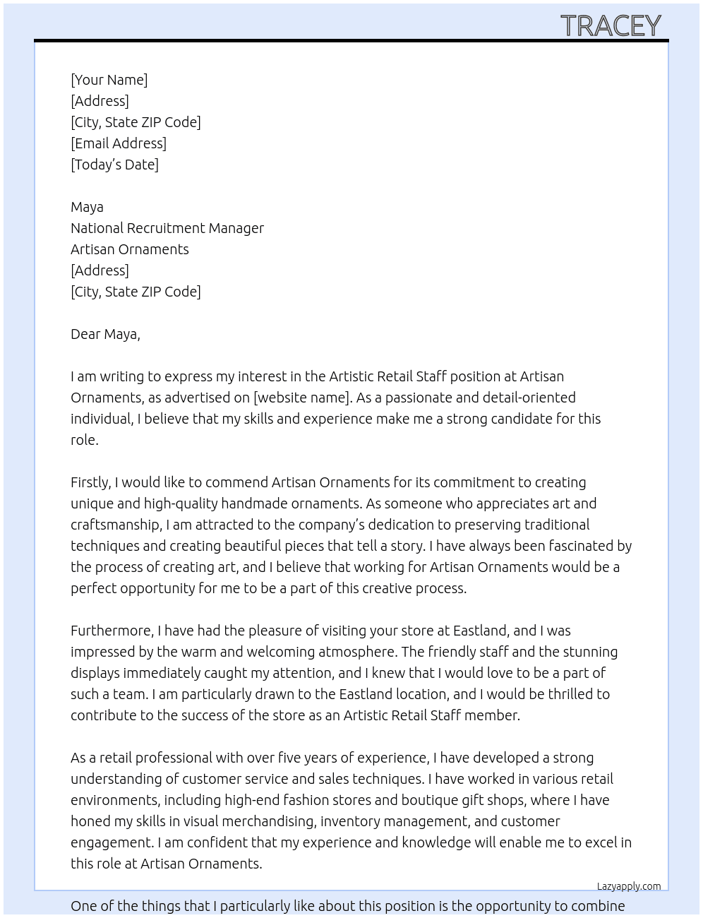 Artistic Retail Staff At Artisan Ornaments  Cover Letter