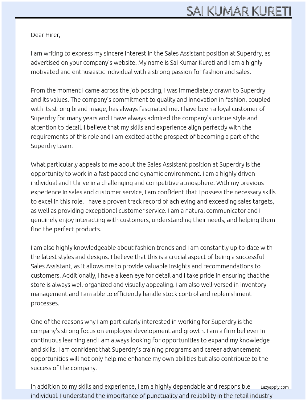 Sales assistant  At Superdry Cover Letter
