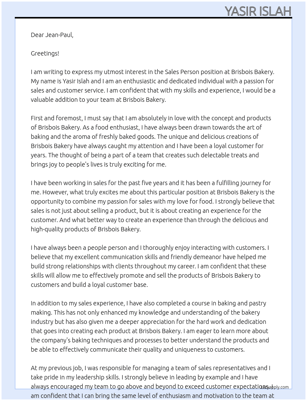 sales person At Brisbois Bakery Cover Letter