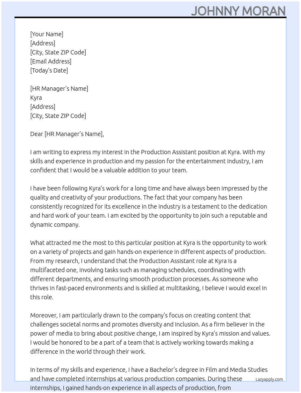 Production Assistant At Kyra Cover Letter