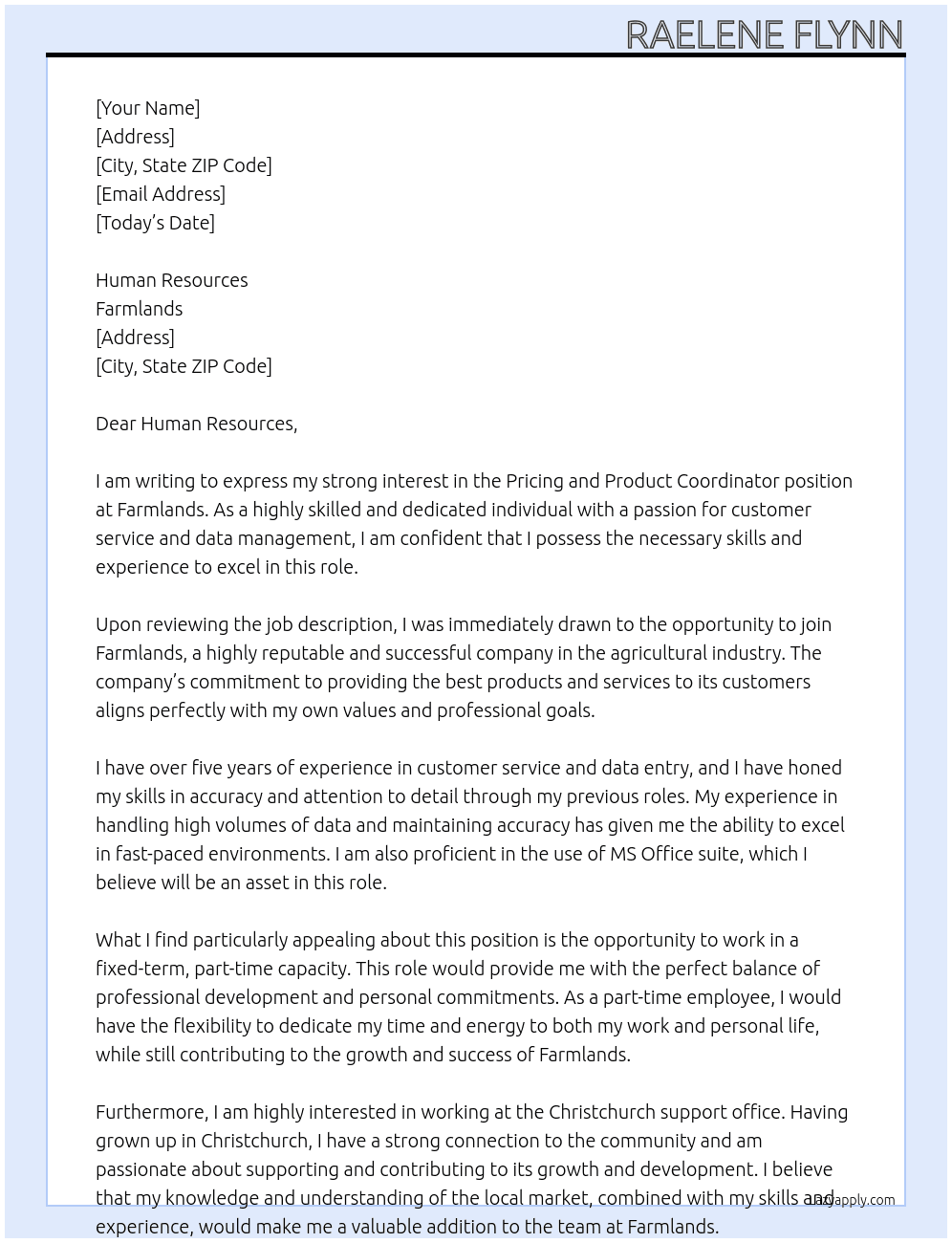 Pricing and Product Coordinator (Fixed-Term, Part-Time) At Farmlands Cover Letter
