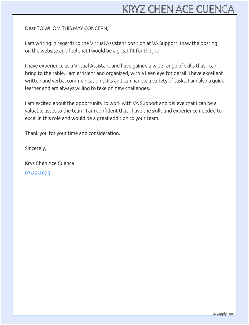 Virtual Assistant  At VA Support Cover Letter
