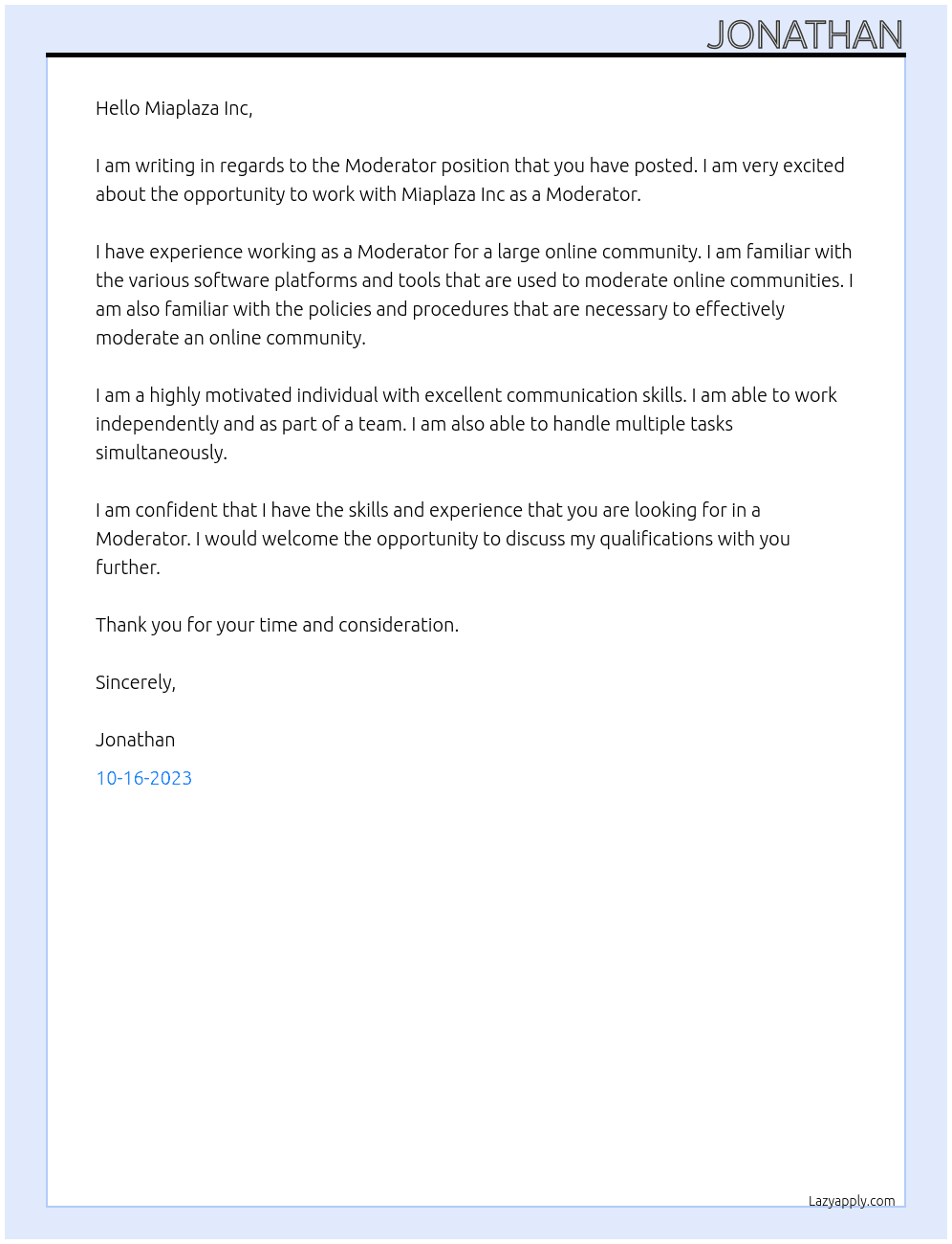 Moderator At Miaplaza Inc Cover Letter
