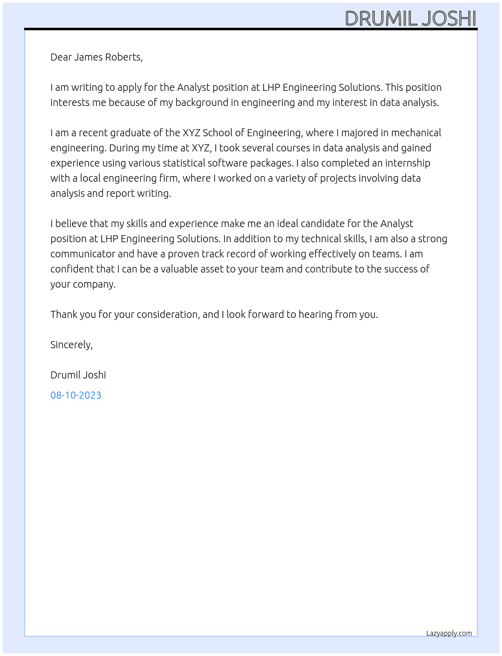 Analyst At LHP Engineering Solutions Cover Letter