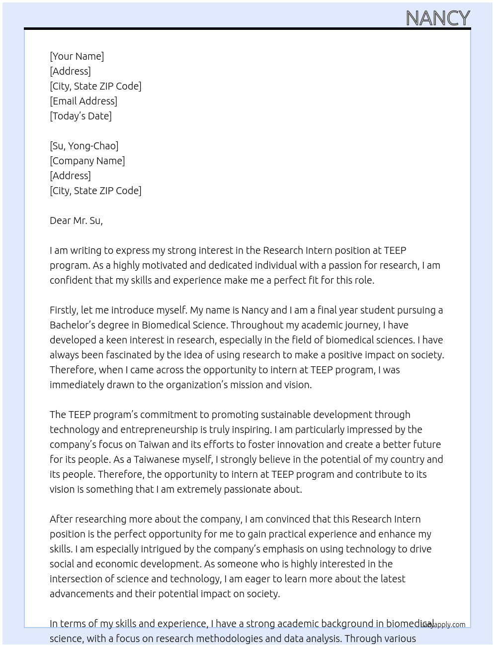 research intern  At TEEP program  Cover Letter