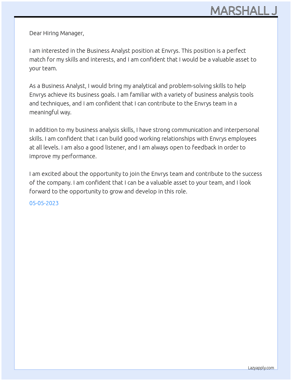 Business analyst  At Envrys Cover Letter
