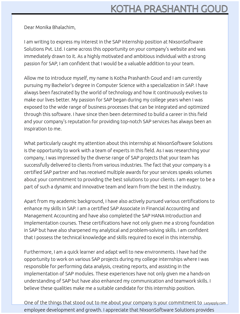 SAP INTERNSHIP At NIXSONSOFTWARE SOLUTIONS PVT.LTD Cover Letter