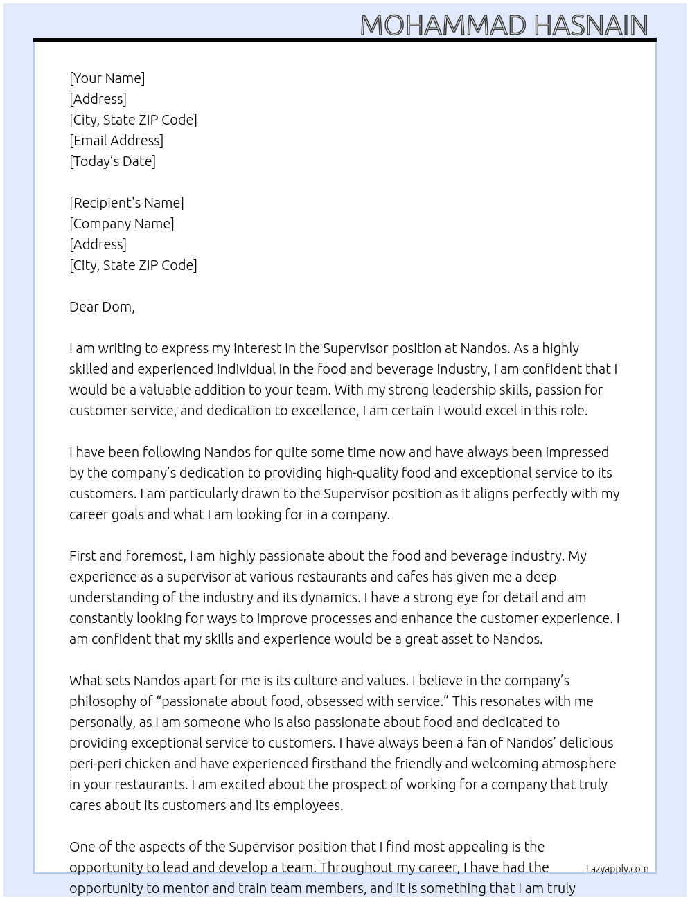 Supervisor  At Nandos Cover Letter
