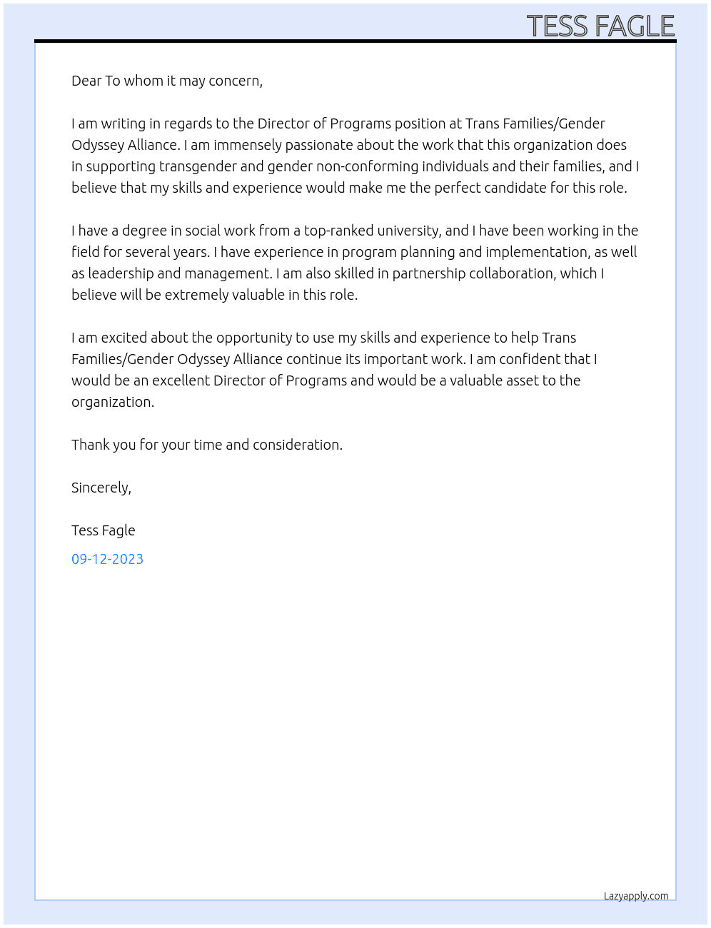 Director of Programs At Trans Families/ Gender Odyssey Alliance Cover Letter