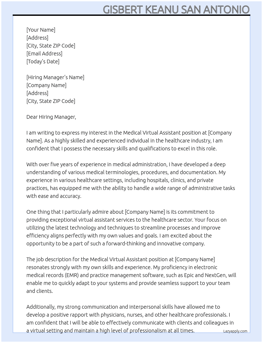 Medical At Virtual Assistant Cover Letter