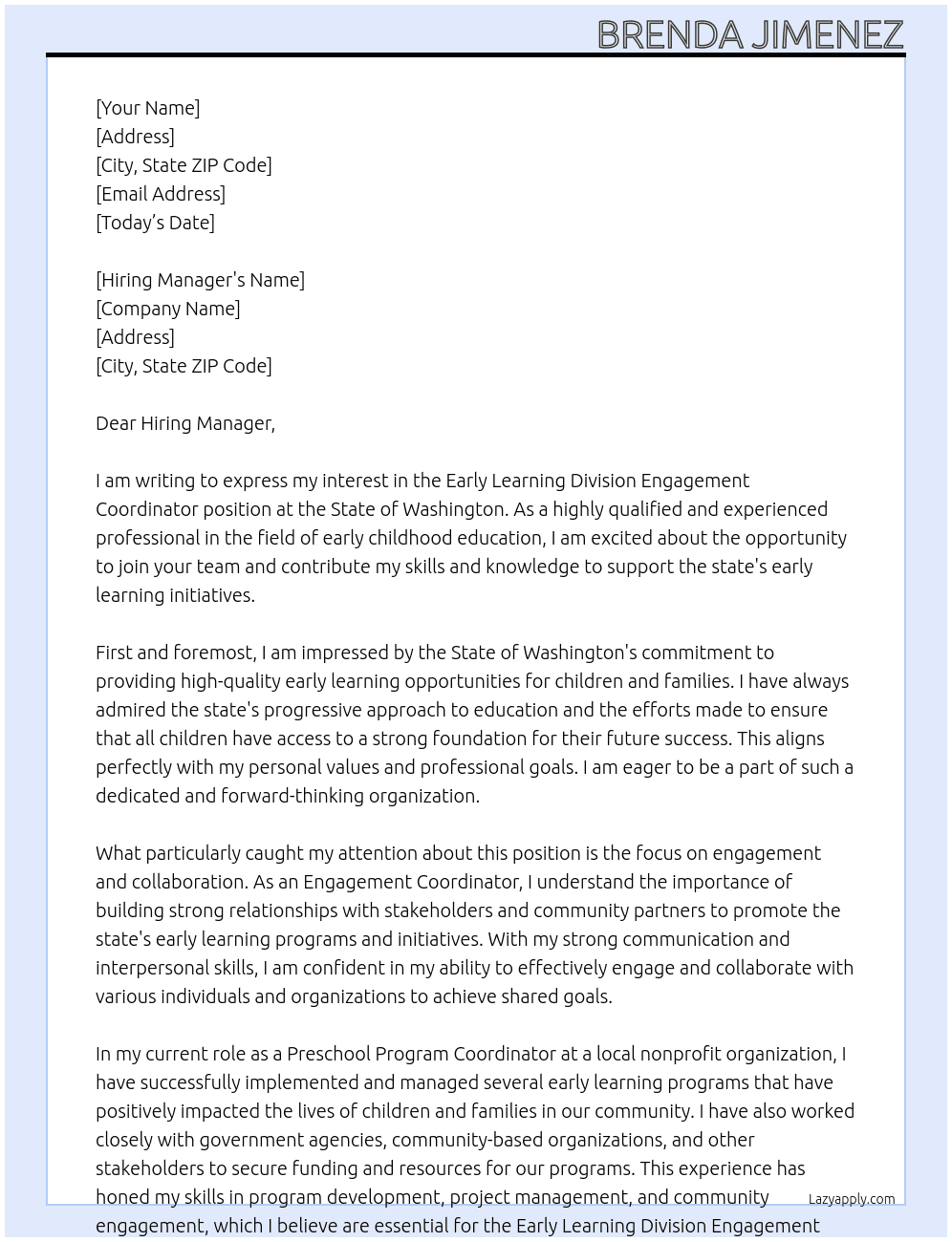  Early Learning Division Engagement Coordinator  At State of Washington Cover Letter