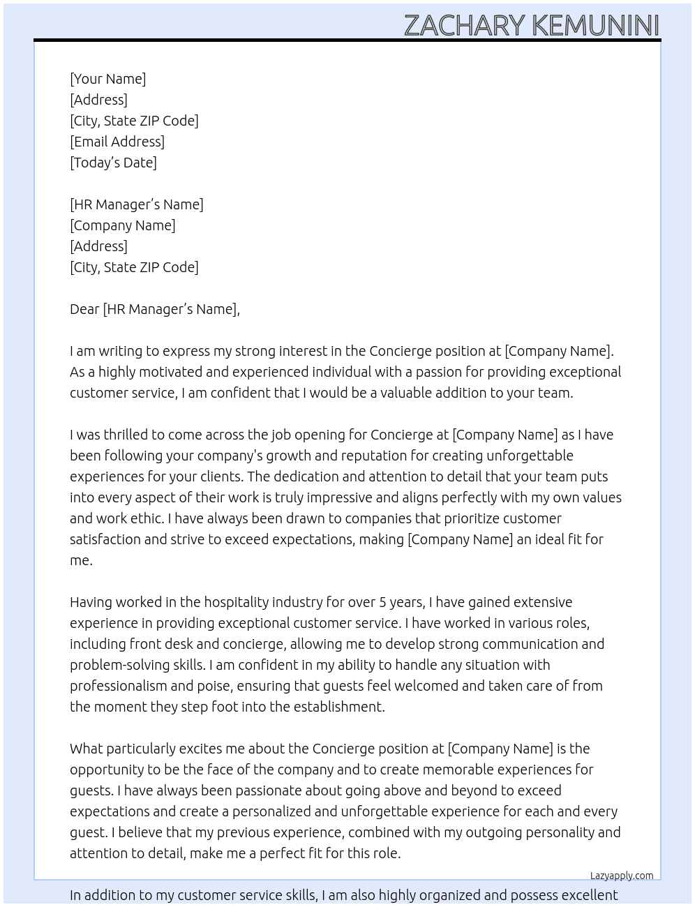 concierge At Establishment Cover Letter