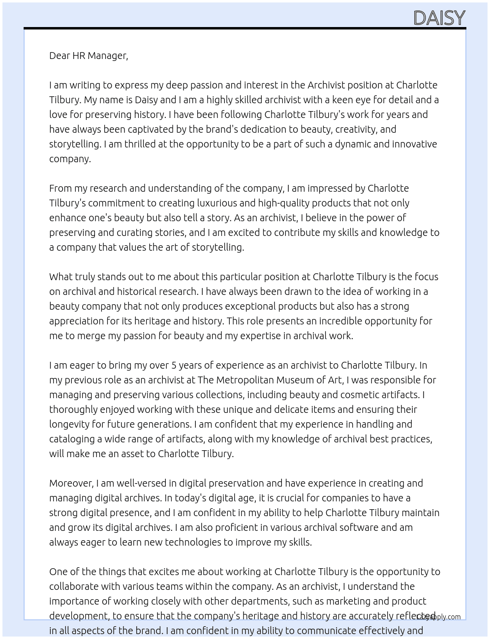 Archivist At Charlotte Tilbury Cover Letter