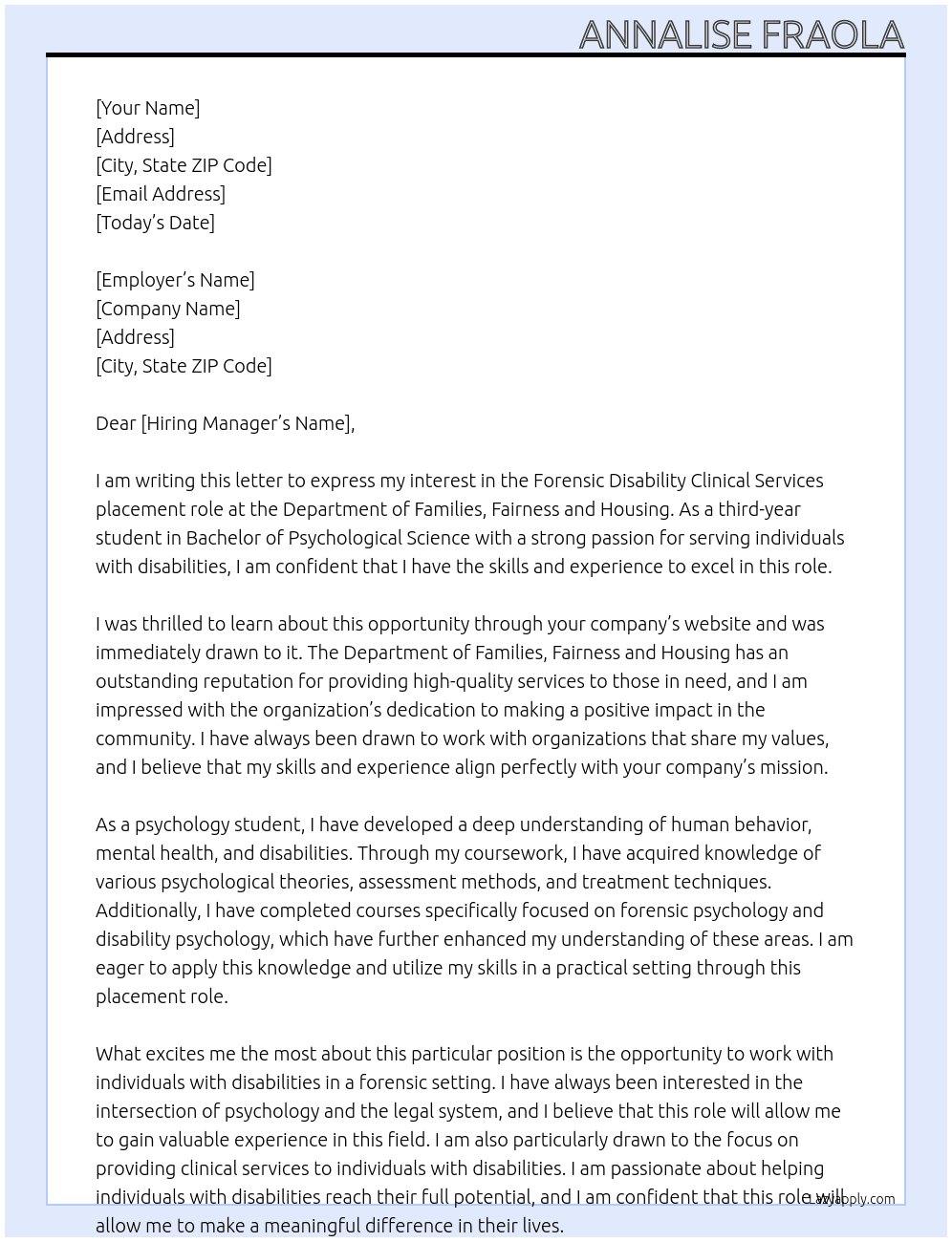 Forensic Disability Clinical services  At Department of Families, Fairness and Housing  Cover Letter