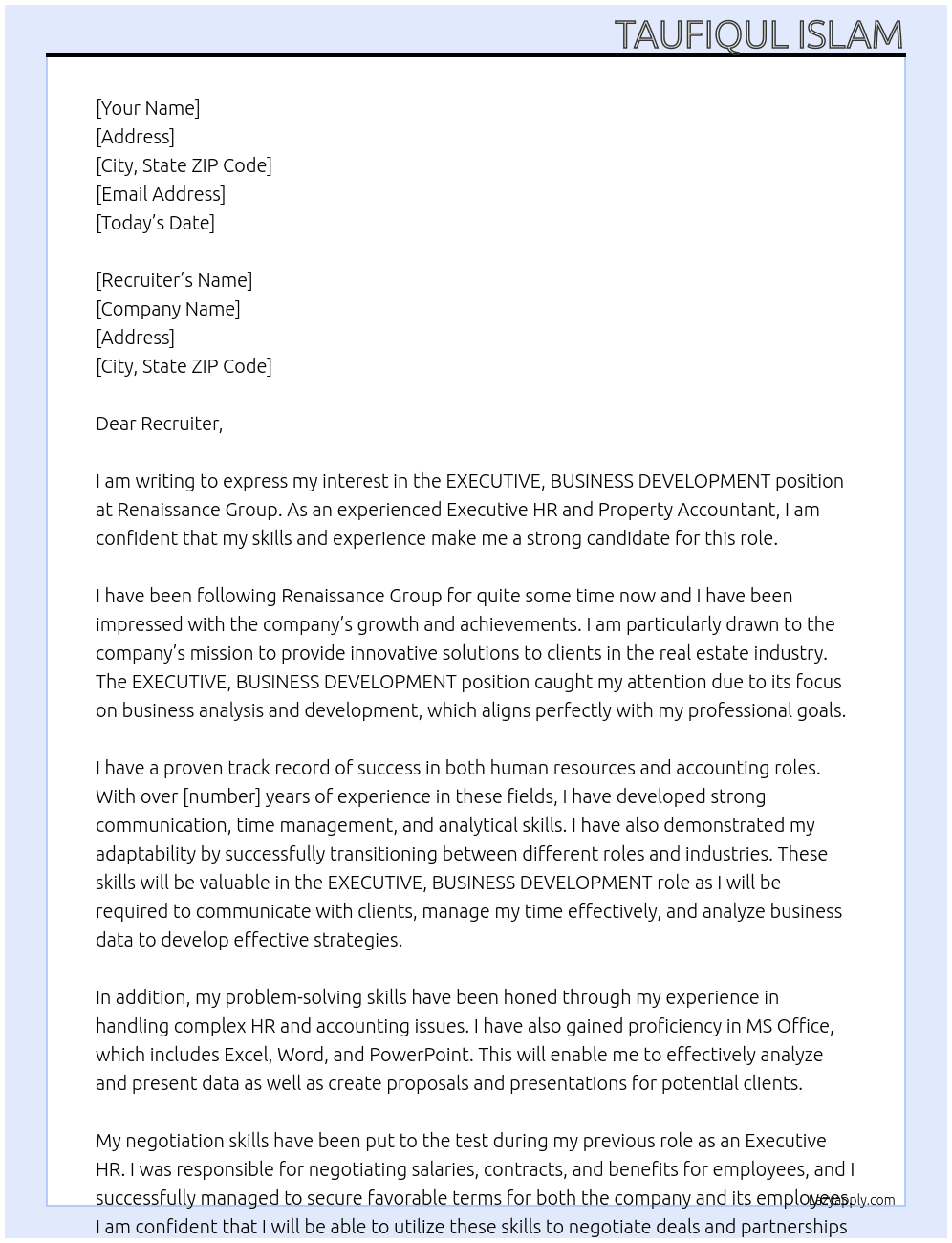EXECUTIVE, BUSINESS DEVELOPMENT At Renaissance Group Cover Letter