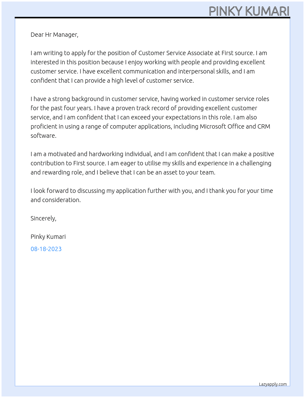 Customer Service Associate At First source Cover Letter