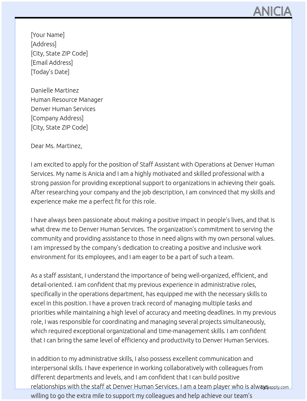 Staff assistanr with operations At Denver Human Service Cover Letter