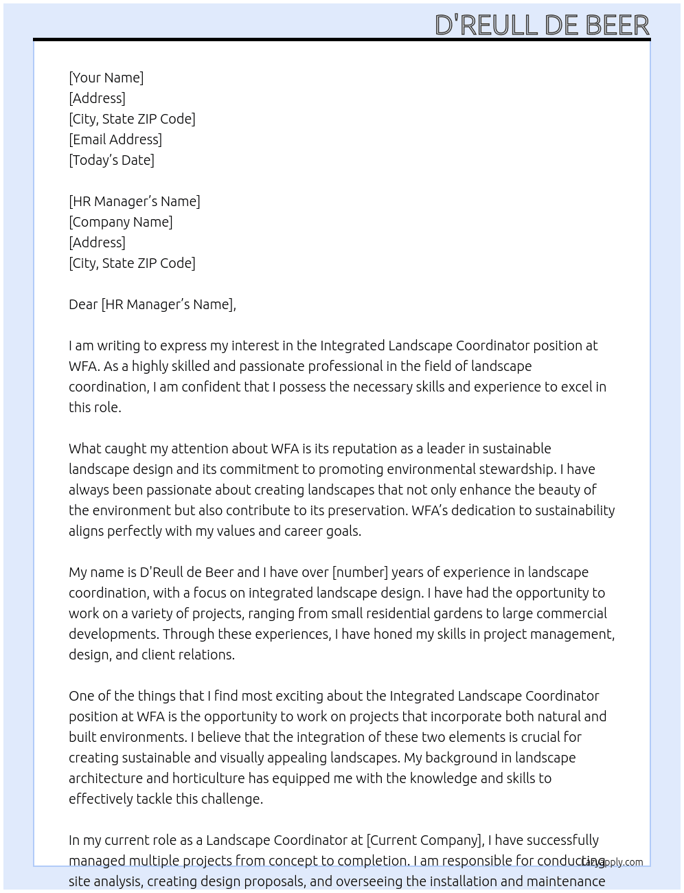 Integrated Landscape Coordinator At WFA Cover Letter