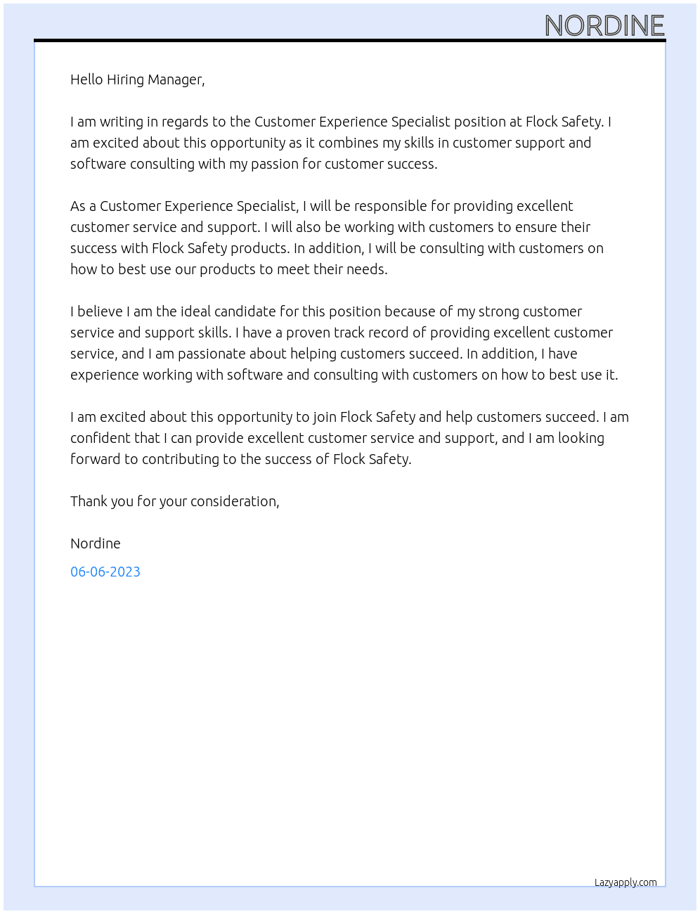 Customer Experience Specialist At Flock Safety Cover Letter