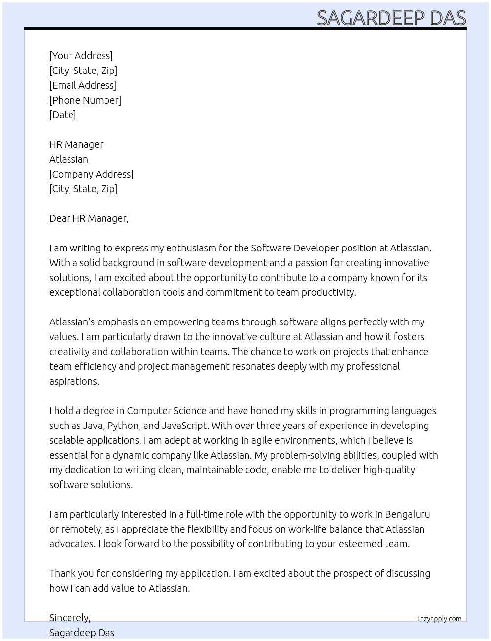 Software Developer At Atlassian Cover Letter