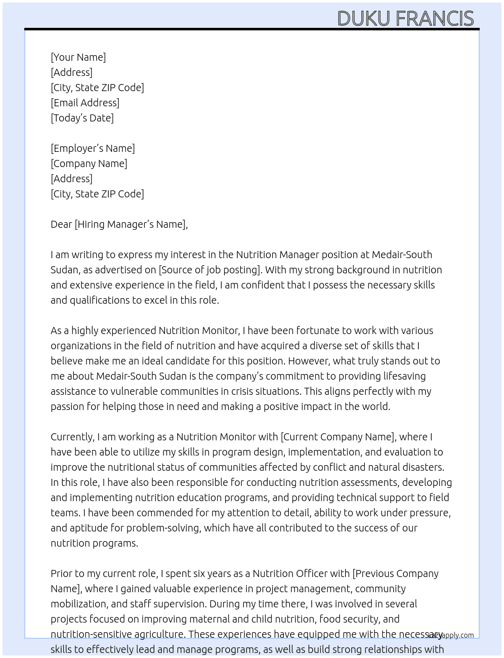 Nutrition Manager  At Medair -South Sudan Cover Letter
