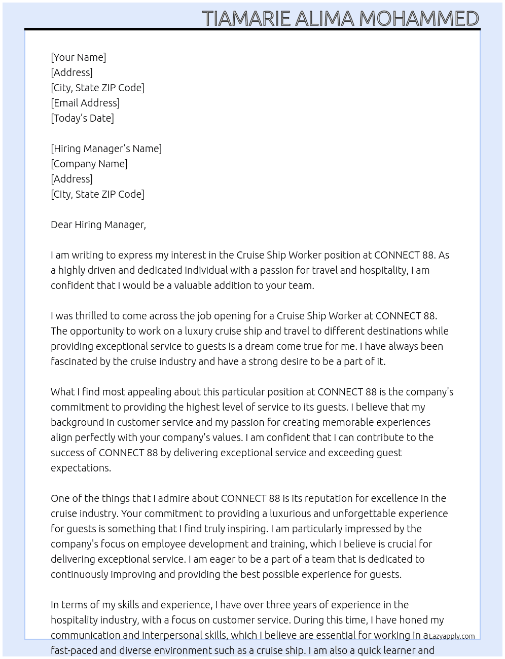 CRUISE SHIP WORKER At CONNECT 88 Cover Letter