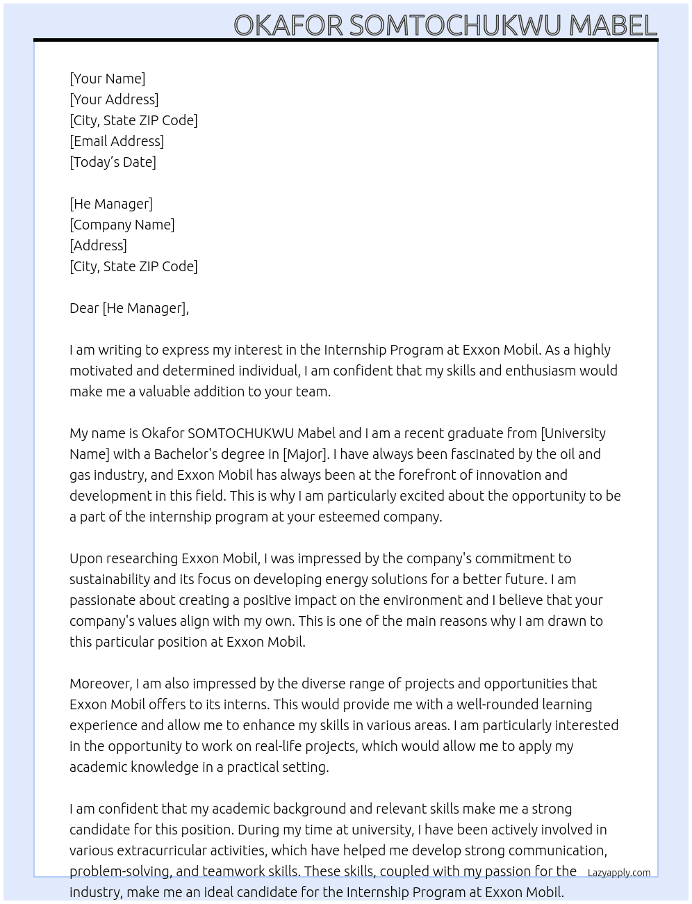Internship program  At Exxon mobil Cover Letter