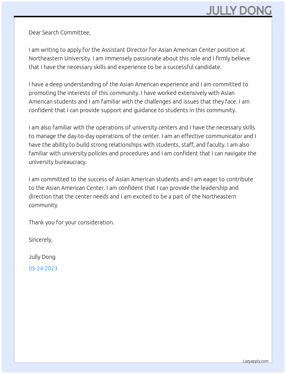 Assistant Director for Asian American Center At Northeastern University Cover Letter