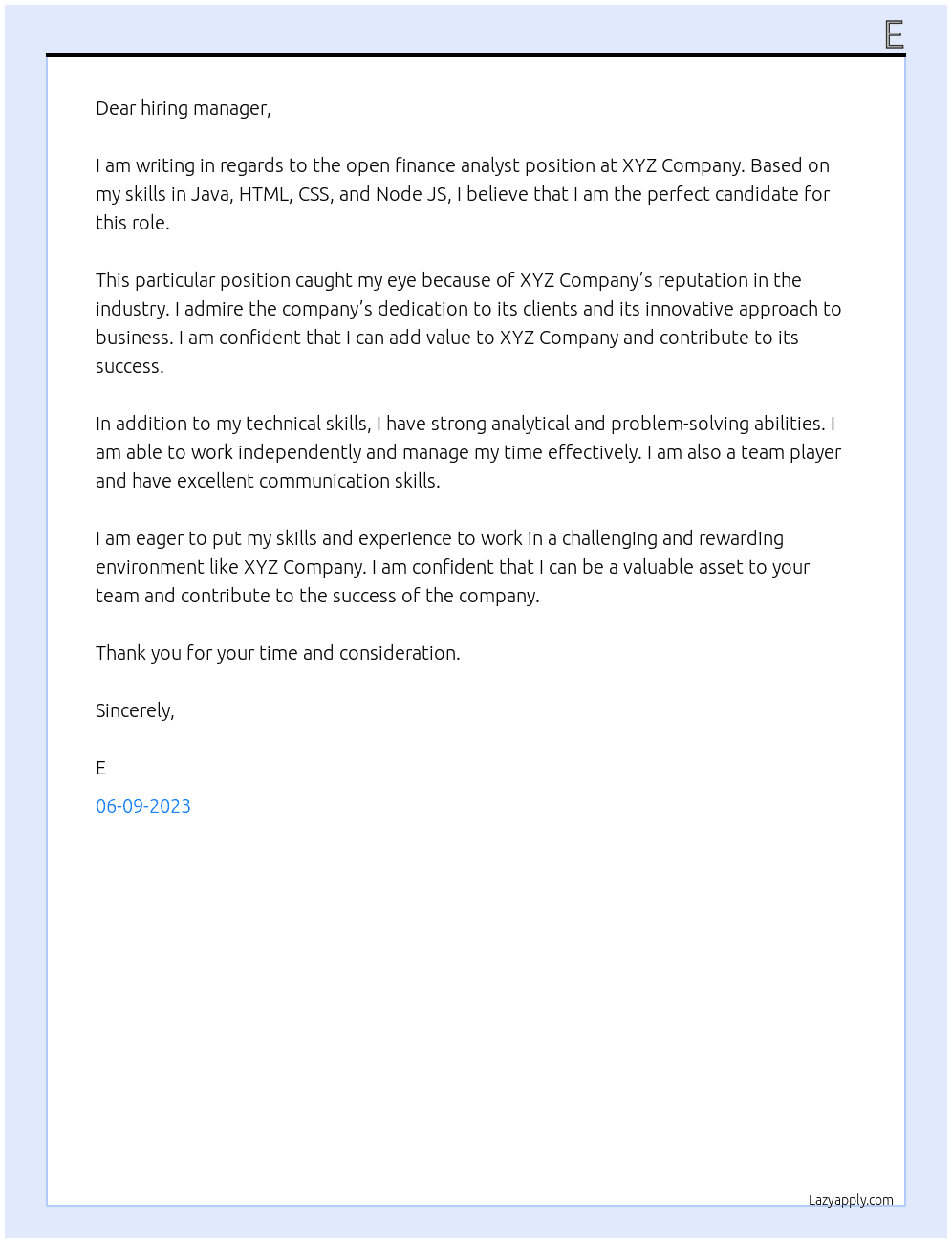 finance analyst At xyz Cover Letter