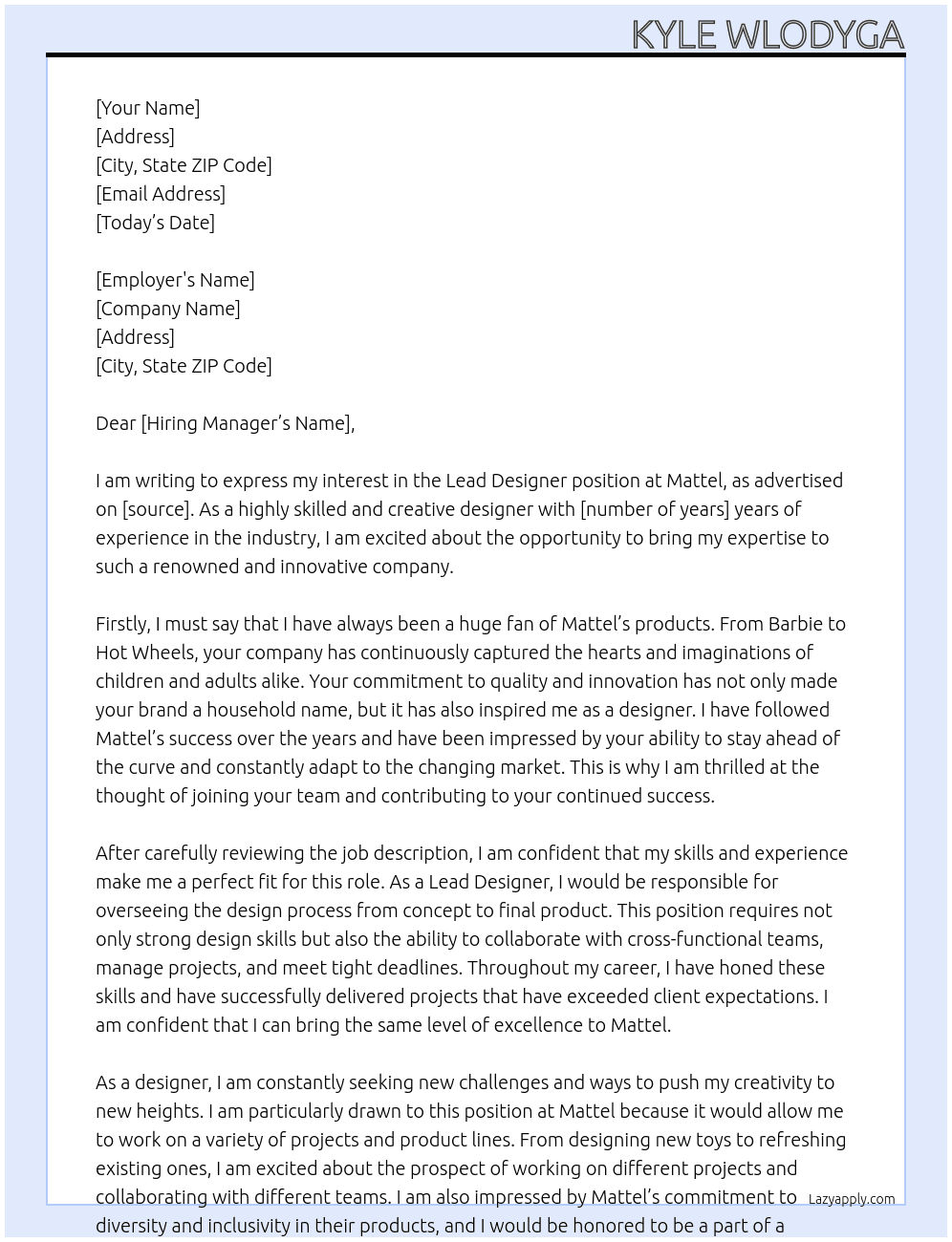 Lead Designer At Mattel Cover Letter