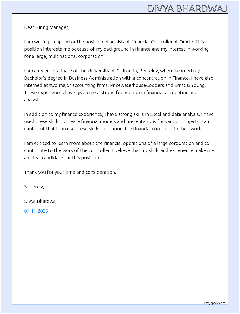 Assistant Financial Controller At Oracle Cover Letter