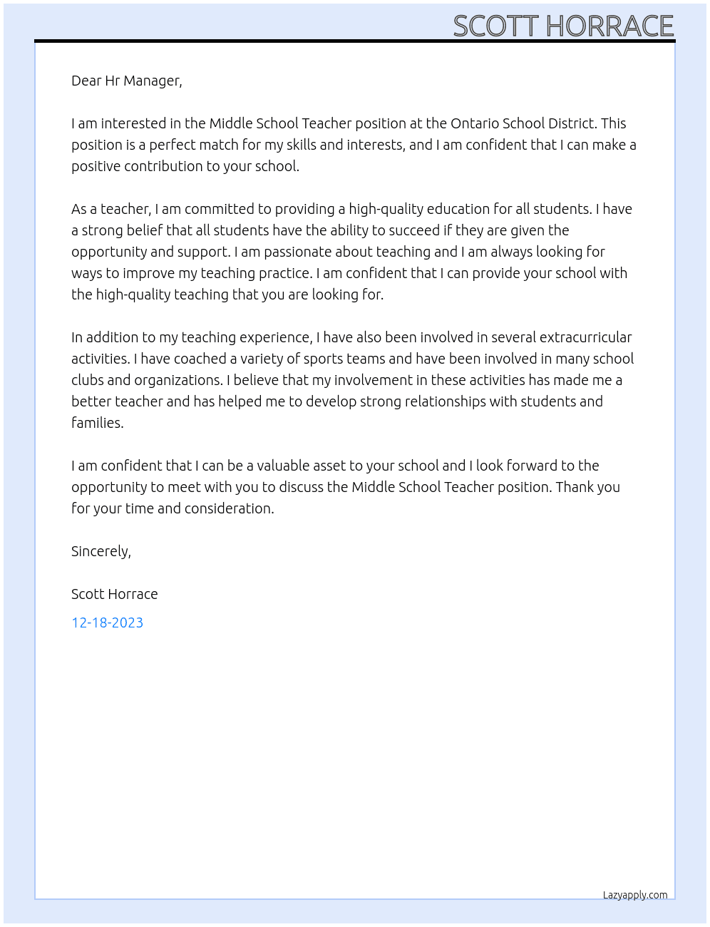 Middle School Teacher At Ontario School District  Cover Letter