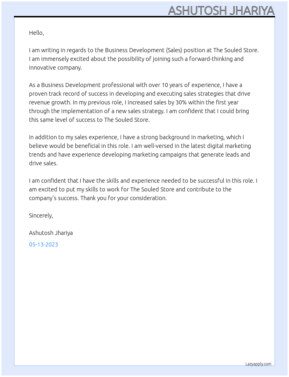 Business development (Sales)  At The souled store  Cover Letter