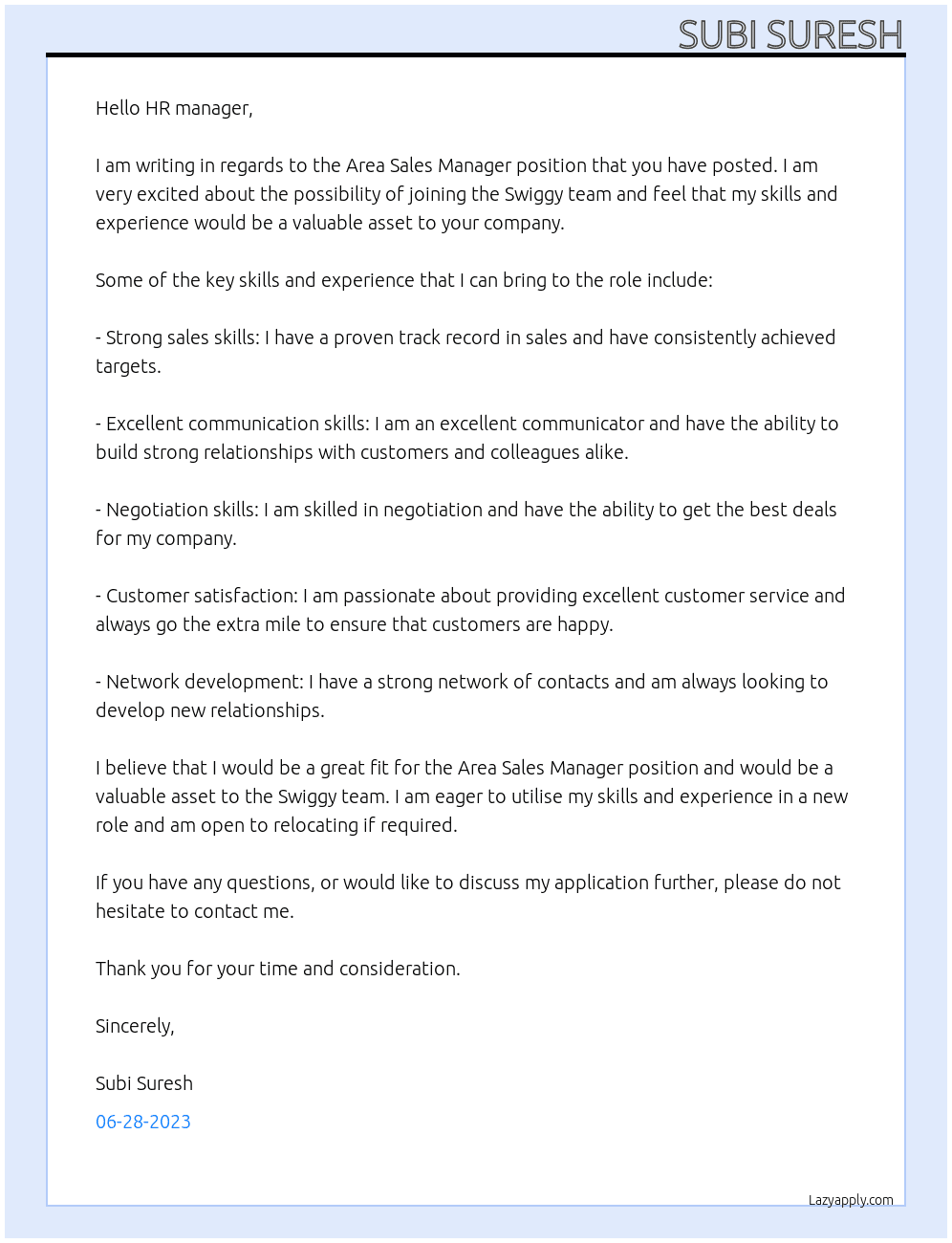 Area Sales Manager  At Swiggy Cover Letter