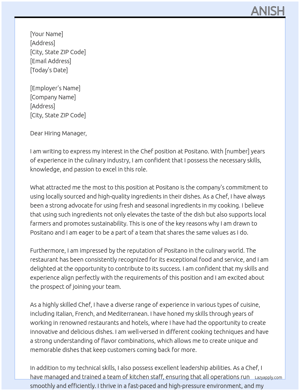 Chef At Positano Cover Letter