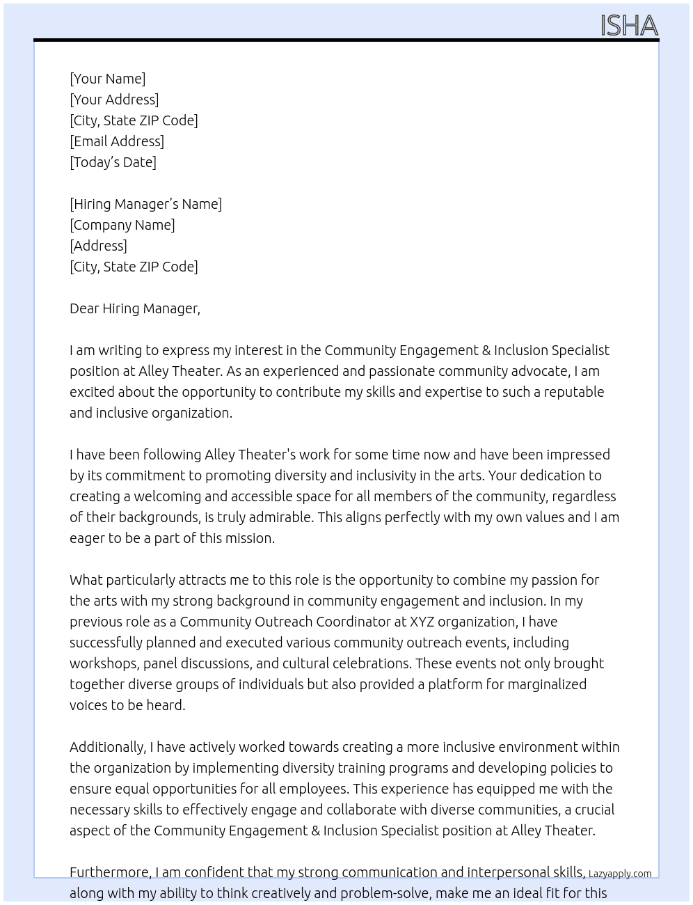 Community Engagement & Inclusion Specialist At Alley Theater Cover Letter