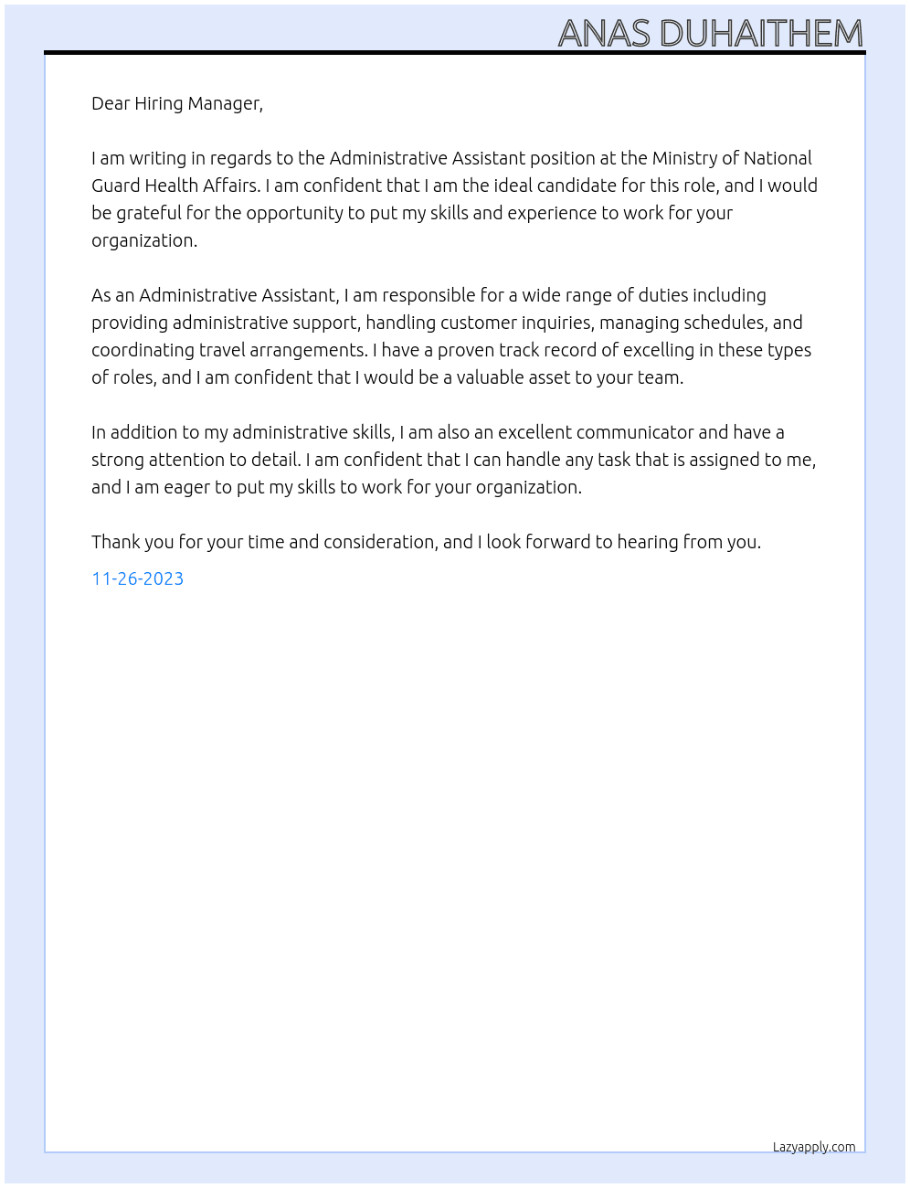Administrative Assistant At Ministry of National Guard Health Affairs. Cover Letter
